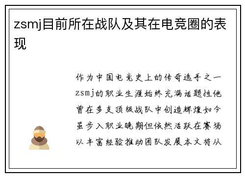 zsmj目前所在战队及其在电竞圈的表现